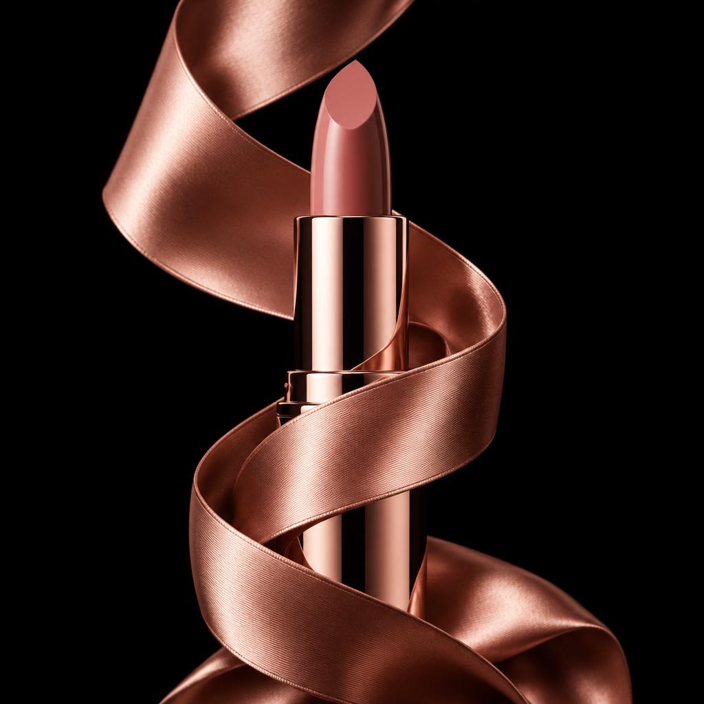Rose gold lipstick wrapped in satin ribbon
